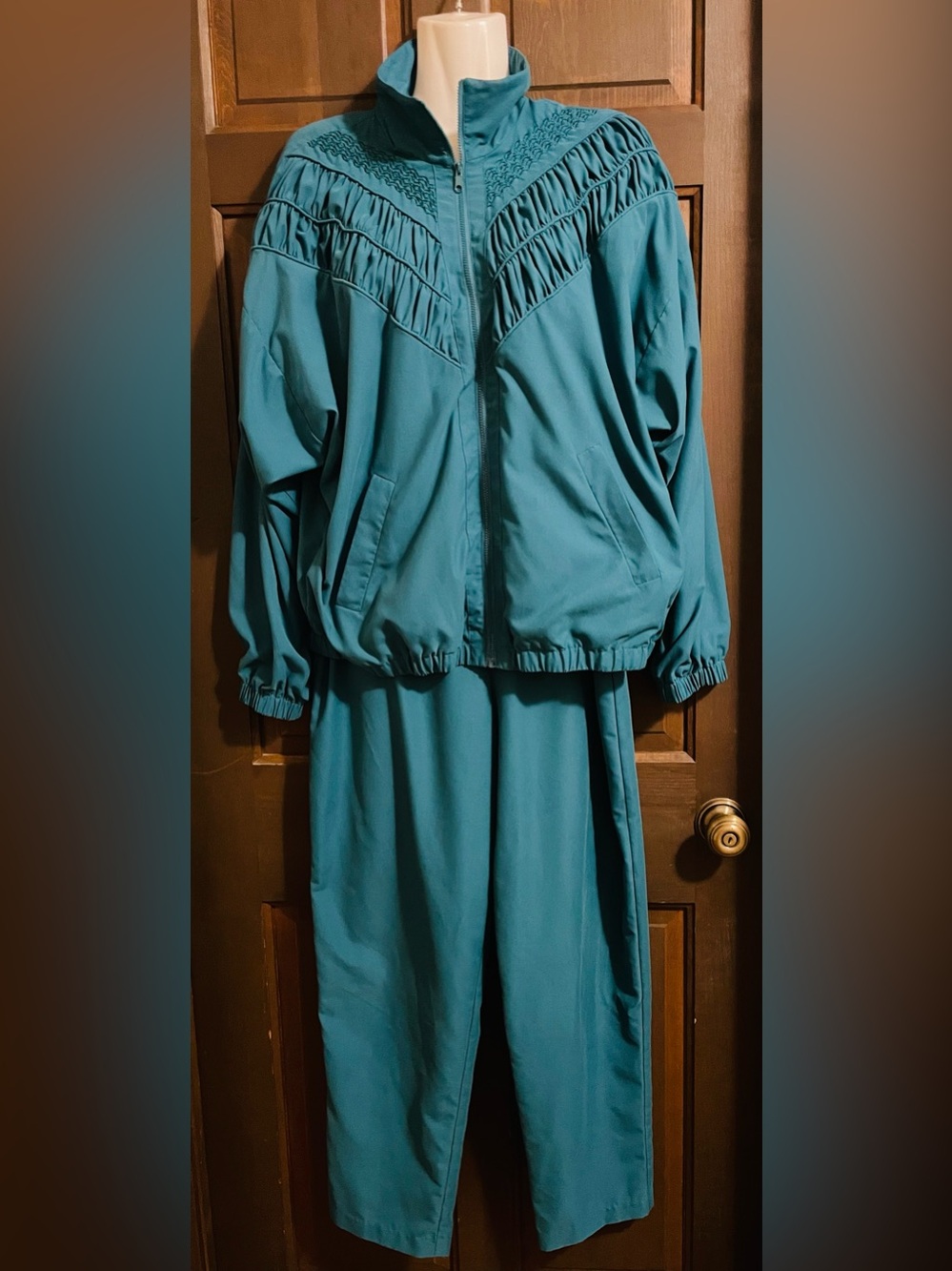 Teddi Teal Two-Piece Windbreaker Pantsuit with Smocked Detail-Medium